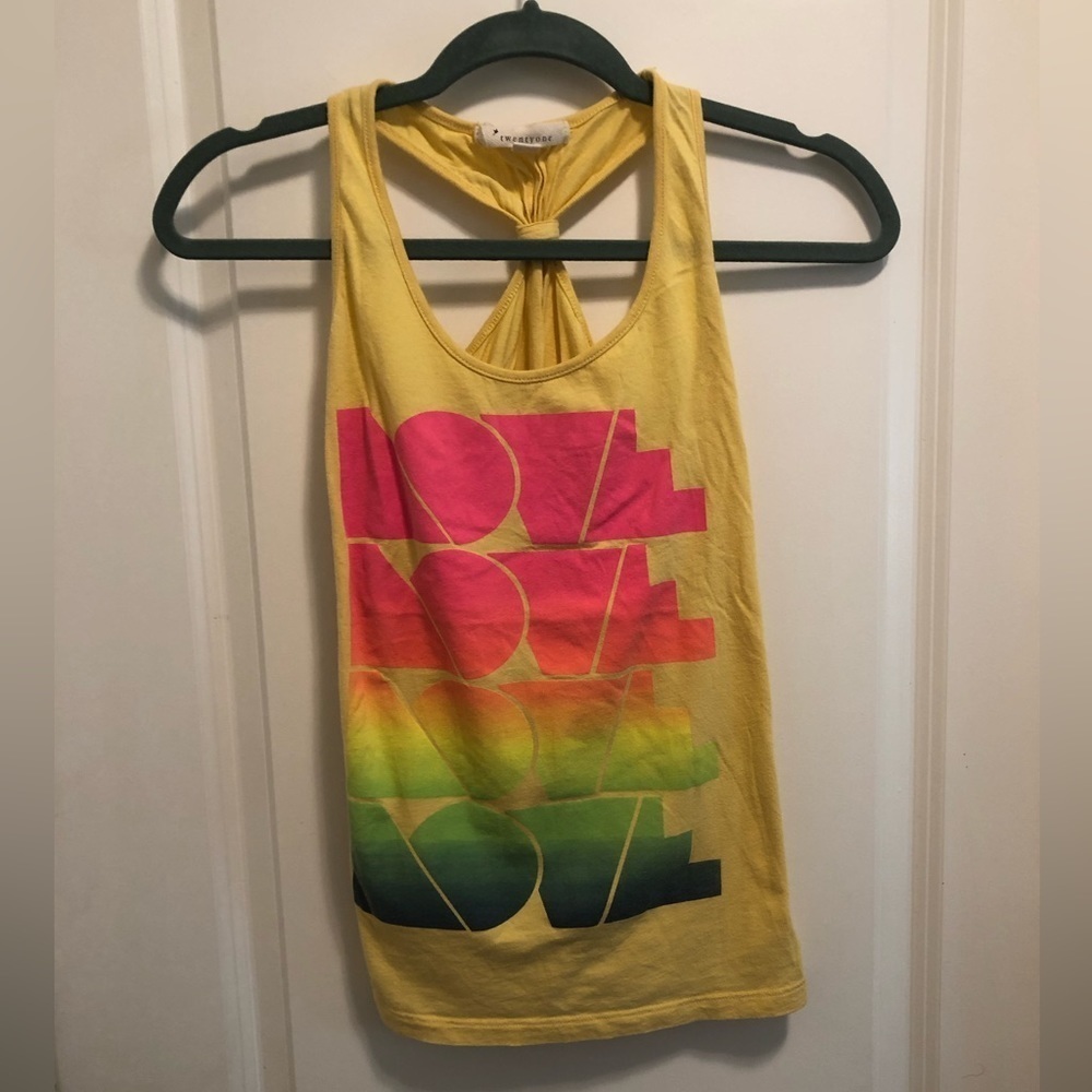 Forever 21 Women’s Love Beach Tank Top Size M Mustard Yellow & Neon Rainbow